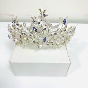 Large Floral Butterflies Tiara Crown for Quinceanera Silver/Purple Crystals